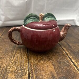 Vintage Apple Shaped Ceramic Teapot Red Green Leaves Unique Kitchenware Gift